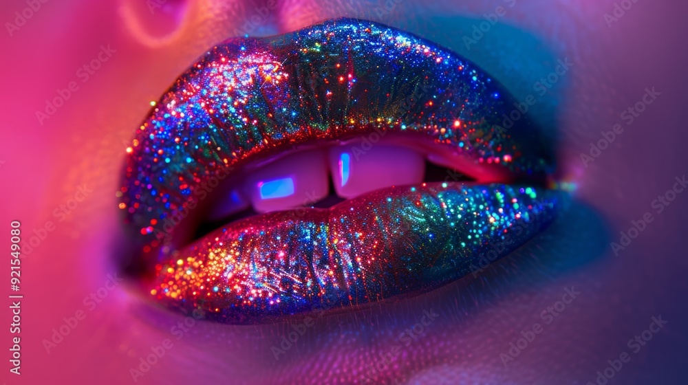 Vibrant glitter lips under colorful lighting Vibrant glitter lips under colorful lighting