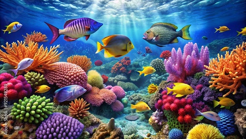 Fototapeta Naklejka Na Ścianę i Meble -  Underwater tropical corals reef with colorful sea fish in a vibrant marine life sea world scene, coral reef