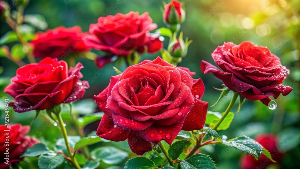 Vibrant red roses blooming in lush greenery, with delicate petals and subtle morning dew, evoke a sense of romance and serenity in a beautiful garden setting. Vibrant red roses blooming in lush greenery, with delicate petals and subtle morning dew, evoke a sense of romance and serenity in a beautiful garden setting.