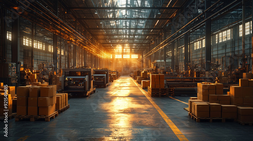 A wide-angle view of an industrial warehouse filled with boxes and machinery, bathed in the golden glow of sunset.