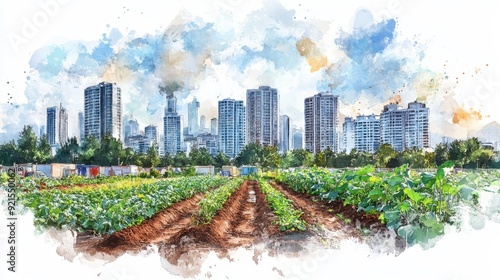 Urban garden with soil contamination management, sustainable city, pollution control, watercolor style
