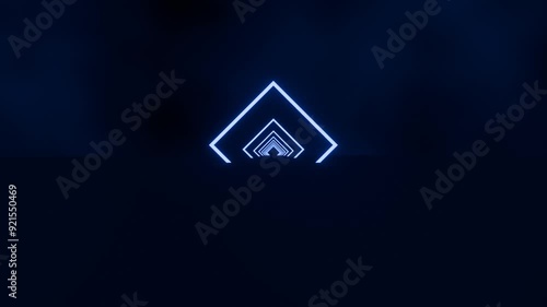 abstract neon light glowing in a dark, flying forward through rectangular corridor, long tunnel, 3D animation featuring a futuristic sci-fi tunnel