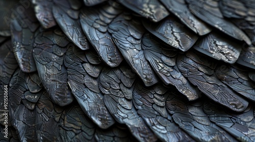 Close up of dark bird feathers overlapping in a textured pattern.