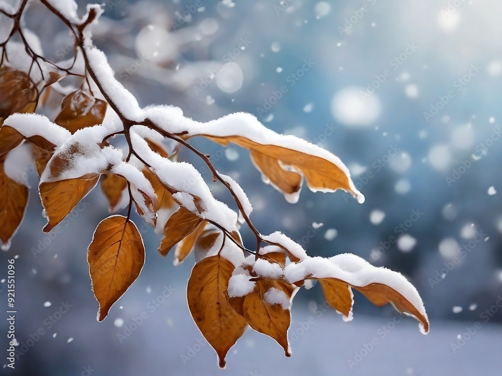 Snow fallen on leaves, showcasing winter beauty. Ideal for seasonal, nature, and winter-themed backgrounds. Snow fallen on leaves, showcasing winter beauty. Ideal for seasonal, nature, and winter-themed backgrounds.