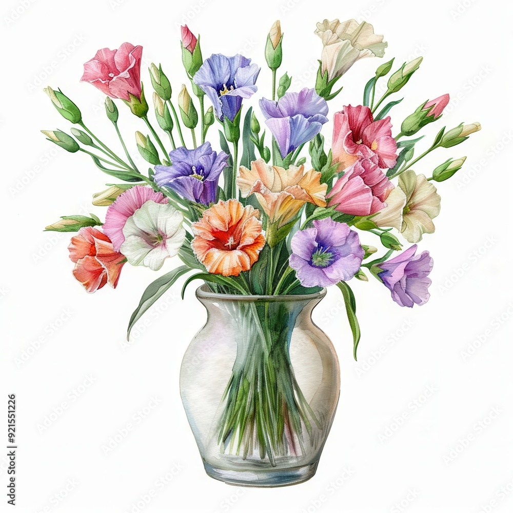 One modern style vase flowers of vibrant Lisianthus Bouquet, watercolor clipart illustration, lsolated on white background One modern style vase flowers of vibrant Lisianthus Bouquet, watercolor clipart illustration, lsolated on white background