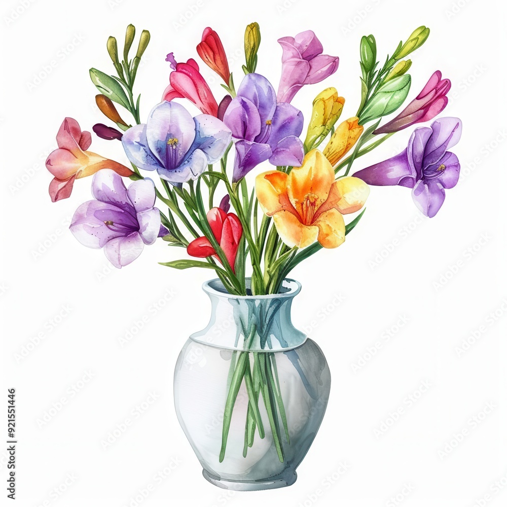 One modern style vase flowers of vibrant Freesia Bouquet, watercolor clipart illustration, lsolated on white background One modern style vase flowers of vibrant Freesia Bouquet, watercolor clipart illustration, lsolated on white background