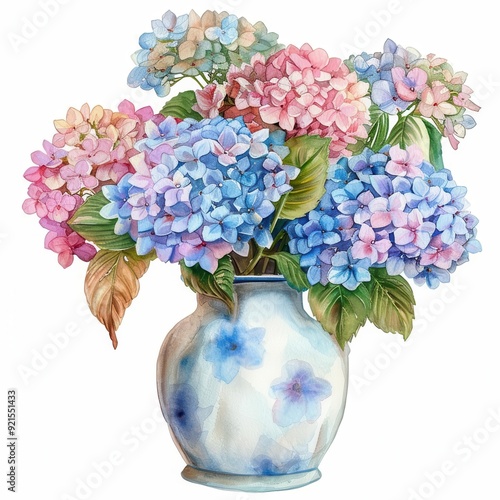 One modern style vase flowers of vibrant Hydrangea Bouquet, watercolor clipart illustration, lsolated on white background