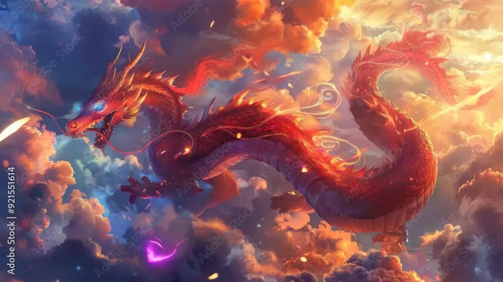 Majestic red dragon flying through vibrant clouds in a fantastical sky, creating a mythical and enchanting scene. Majestic red dragon flying through vibrant clouds in a fantastical sky, creating a mythical and enchanting scene.