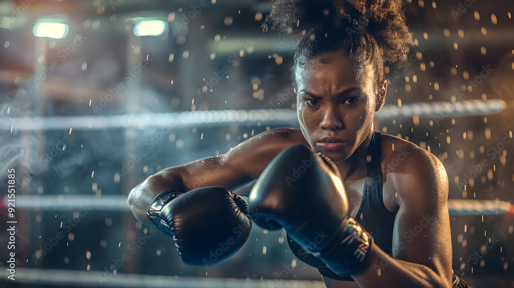 Striking image of a female boxer at work in a dimly lit gym - a vivid portrayal of determination Striking image of a female boxer at work in a dimly lit gym - a vivid portrayal of determination