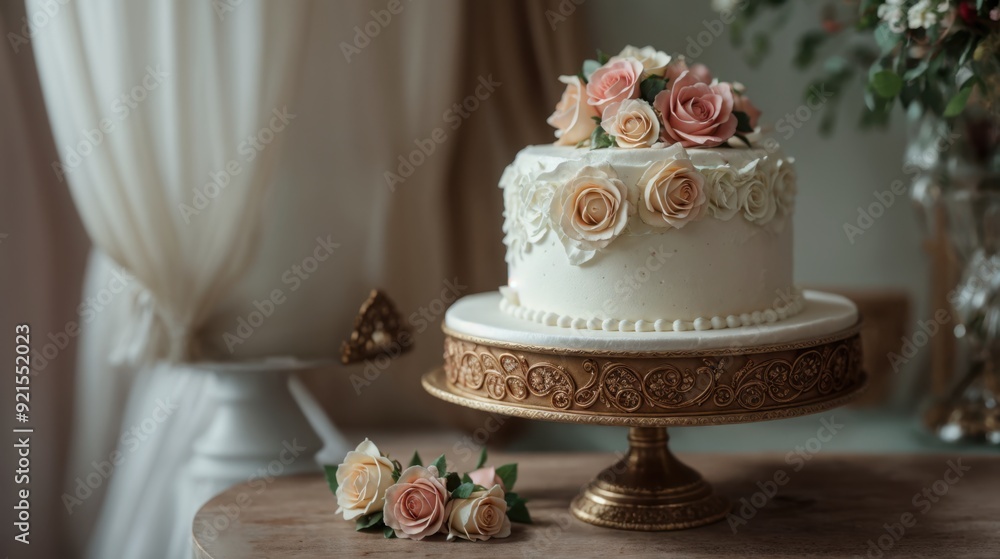 Fancy cake topped with intricate rose decorations on a stylish stand Fancy cake topped with intricate rose decorations on a stylish stand