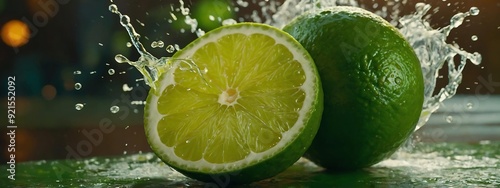 Explosion of Fresh Lime Juice with Flying Wedges in Vibrant Cinematic Advertisement photo