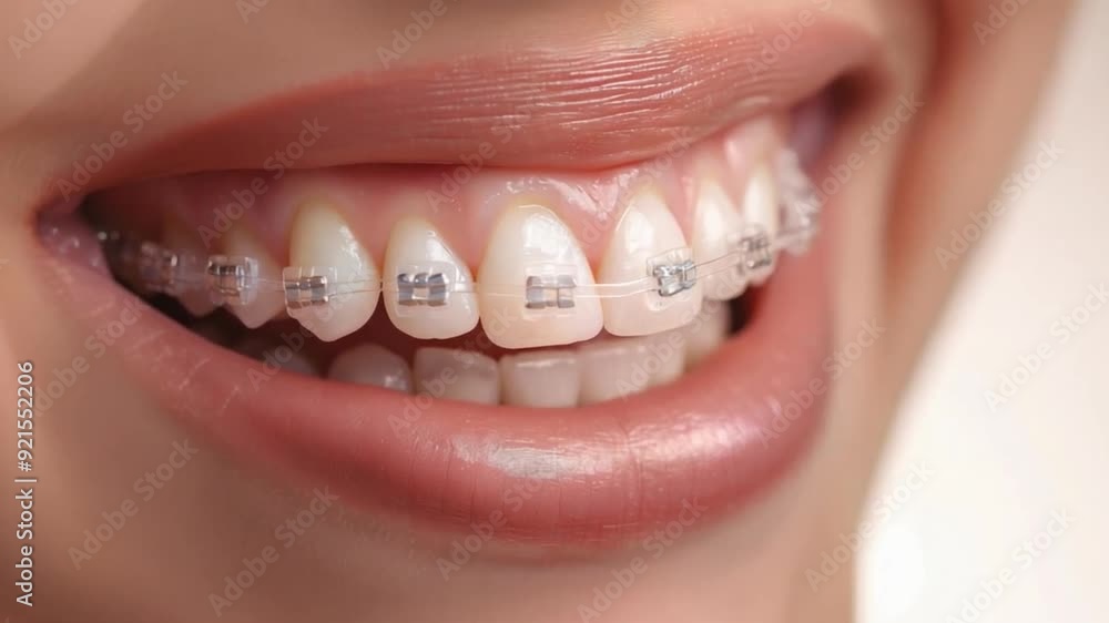 Close-up of mouth with orthodontic appliances, smiling, white teeth Close-up of mouth with orthodontic appliances, smiling, white teeth
