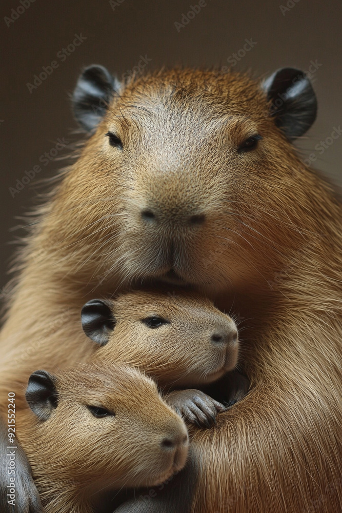 A capybara family lives together happily. A capybara family lives together happily.