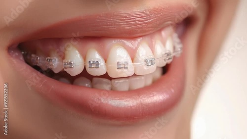 Close-up of mouth with orthodontic appliances, smiling, white teeth