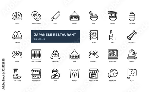 japanese restaurant asian food cuisine outline icon set