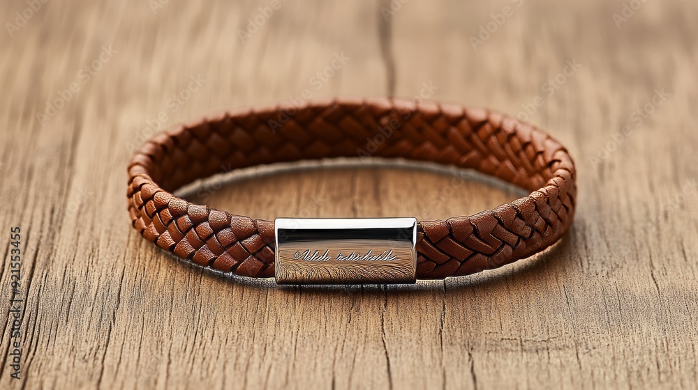 Rustic leather bracelet with a personal message engraved in elegant script, nestled on a wooden surface, highlighting the fine craftsmanship and sentimental value Rustic leather bracelet with a personal message engraved in elegant script, nestled on a wooden surface, highlighting the fine craftsmanship and sentimental value