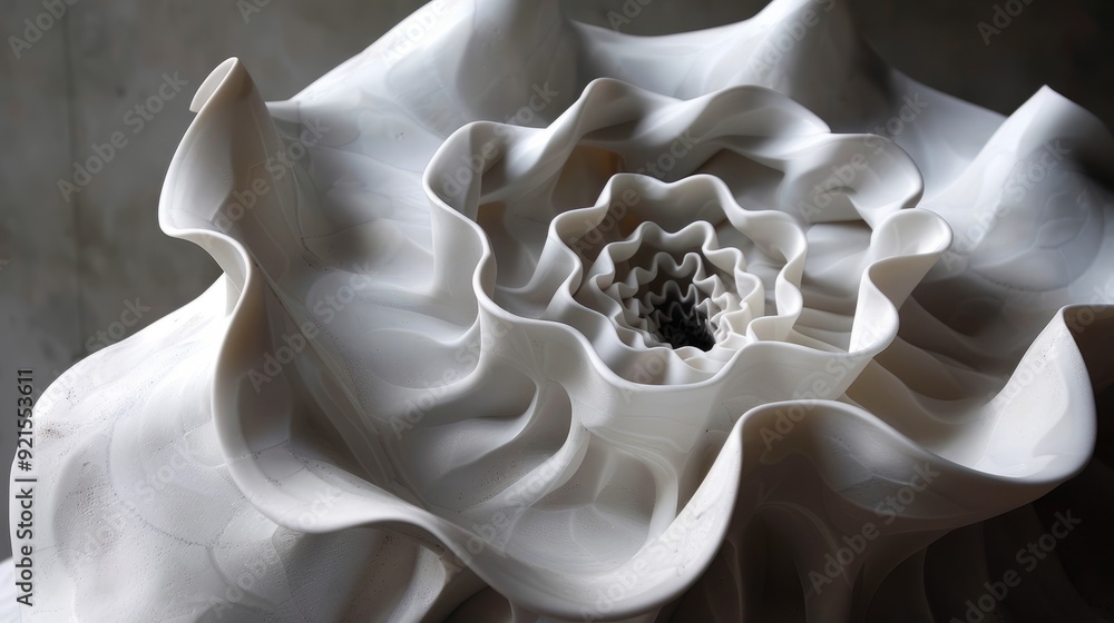 Abstract white sculpture with flowing, organic curves, reminiscent of a flower or a seashell. Abstract white sculpture with flowing, organic curves, reminiscent of a flower or a seashell.