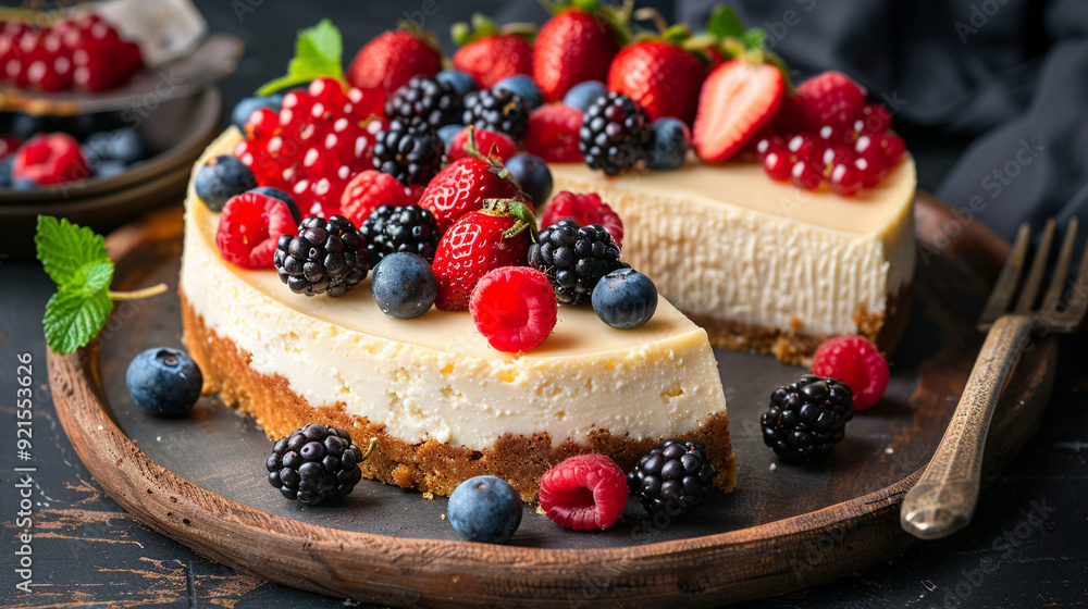delicious slices of cheesecake with berries. delicious slices of cheesecake with berries.