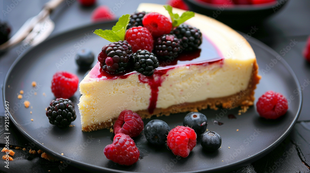 delicious slices of cheesecake with berries. delicious slices of cheesecake with berries.