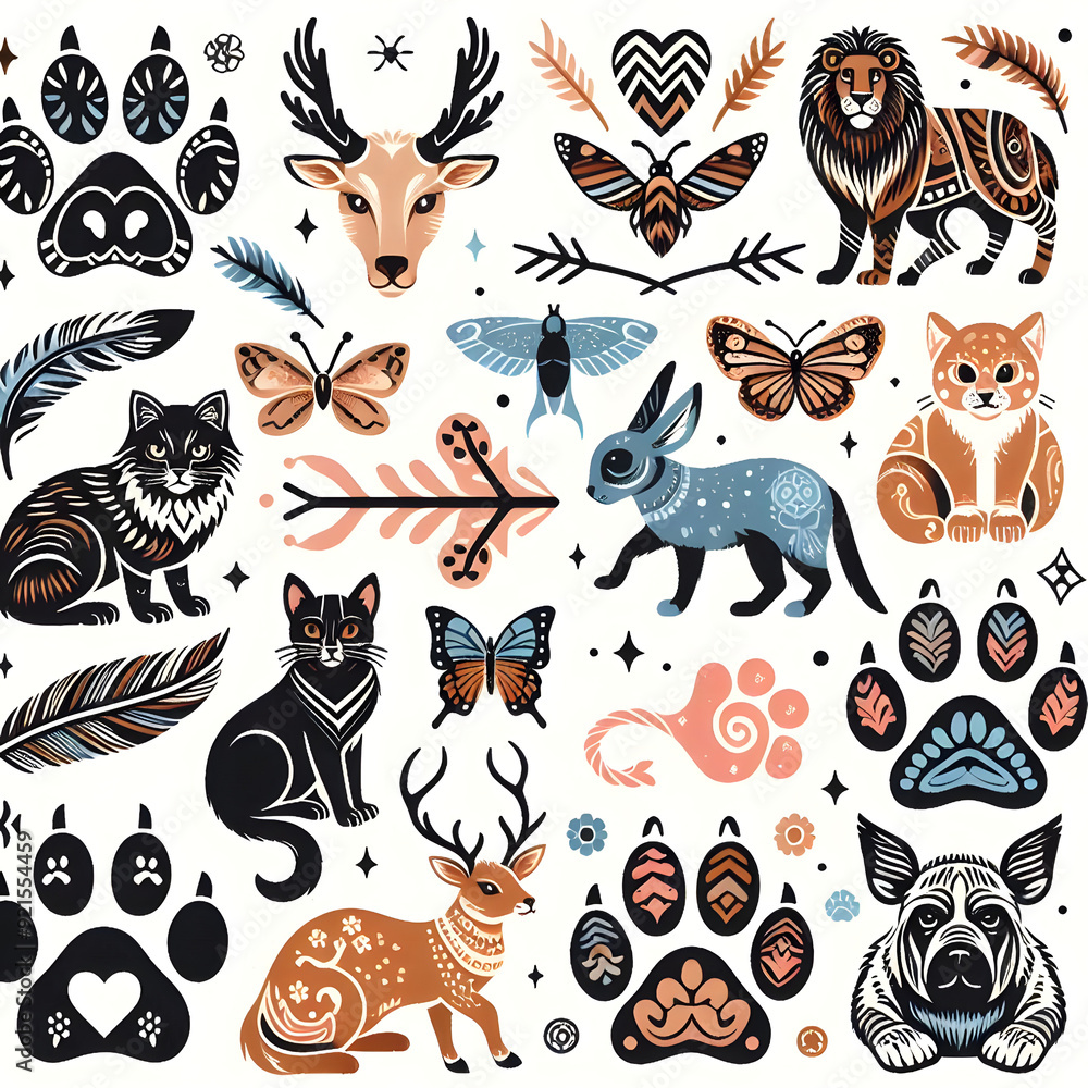 Obraz premium Colorful Animal and Floral Pattern with Paw Prints