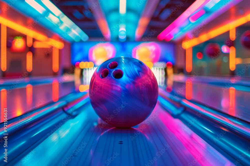 Vibrant bowling alley with neon lights and a colorful ball ready to roll Vibrant bowling alley with neon lights and a colorful ball ready to roll