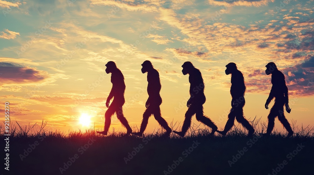Fototapeta premium Human evolution. A study of the sequence of biological evolution of Homo sapiens. monkey, ape, ancient humans, modern humansShadows reflecting light when the sun sets. Silhouette concept