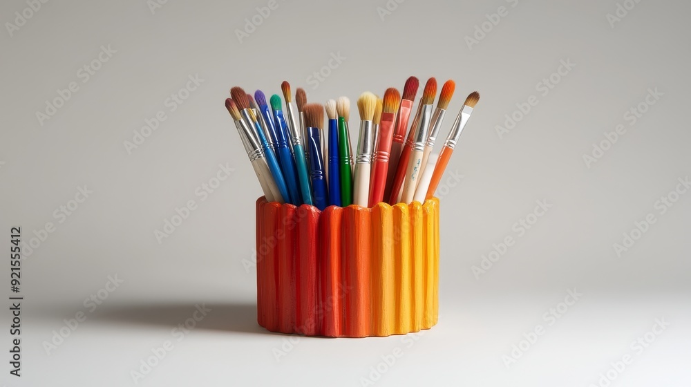 Obraz premium Colorful brush holder crafted from recycled materials, showcasing an array of artist brushes in a chaotic yet aesthetic arrangement