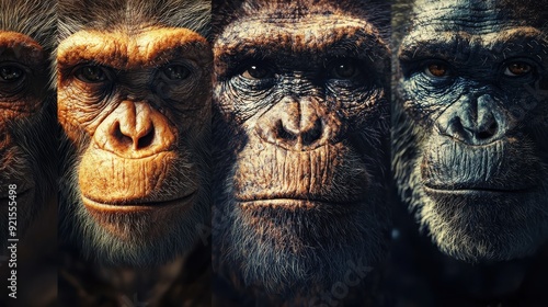 Human evolution. A study of the sequence of biological evolution of Homo sapiens. The face of a monkey, ape, ancient humans, modern humans