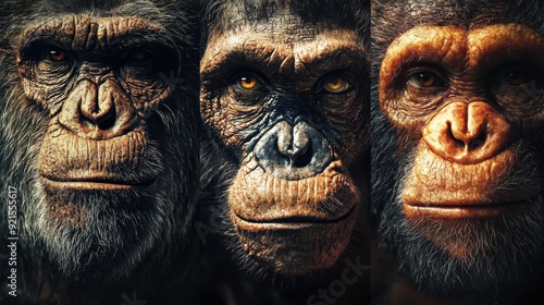 Human evolution. A study of the sequence of biological evolution of Homo sapiens. The face of a monkey, ape, ancient humans, modern humans