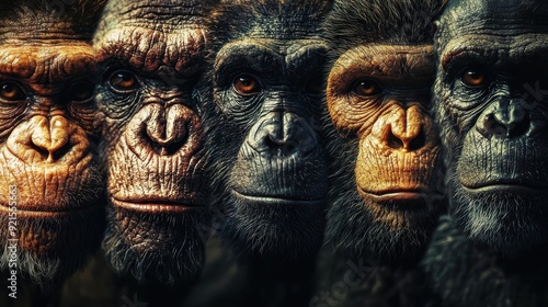Human evolution. A study of the sequence of biological evolution of Homo sapiens. The face of a monkey, ape, ancient humans, modern humans