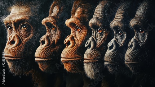 Human evolution. A study of the sequence of biological evolution of Homo sapiens. The face of a monkey, ape, ancient humans, modern humans