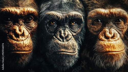 Human evolution. A study of the sequence of biological evolution of Homo sapiens. The face of a monkey, ape, ancient humans, modern humans