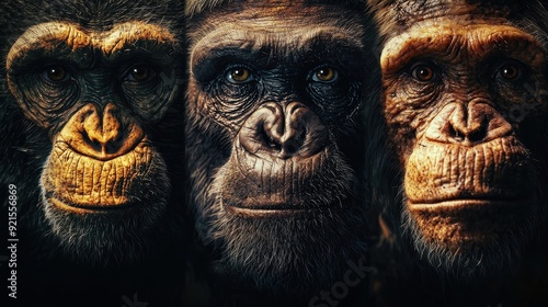 Human evolution. A study of the sequence of biological evolution of Homo sapiens. The face of a monkey, ape, ancient humans, modern humans