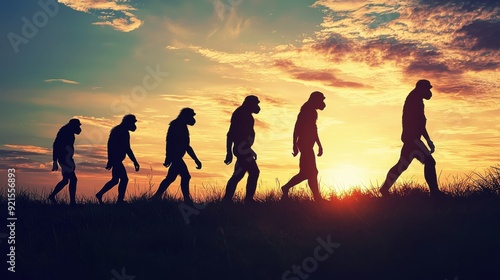Human evolution. A study of the sequence of biological evolution of Homo sapiens. monkey, ape, ancient humans, modern humansShadows reflecting light when the sun sets. Silhouette concept