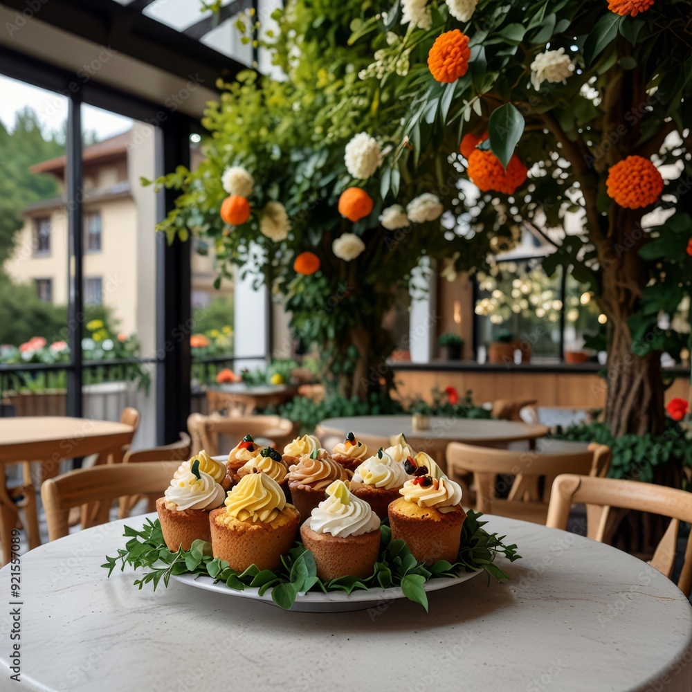 Obraz premium a cake on a table with flowers and a cupcake on it