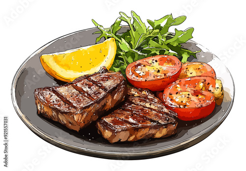 Grilled steak on plate with transparent backgroundGrilled steak on plate with transparent background