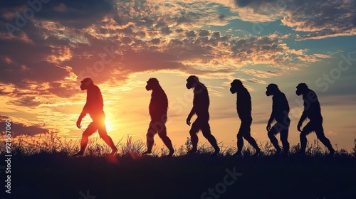 Human evolution. A study of the sequence of biological evolution of Homo sapiens. monkey, ape, ancient humans, modern humansShadows reflecting light when the sun sets. Silhouette concept