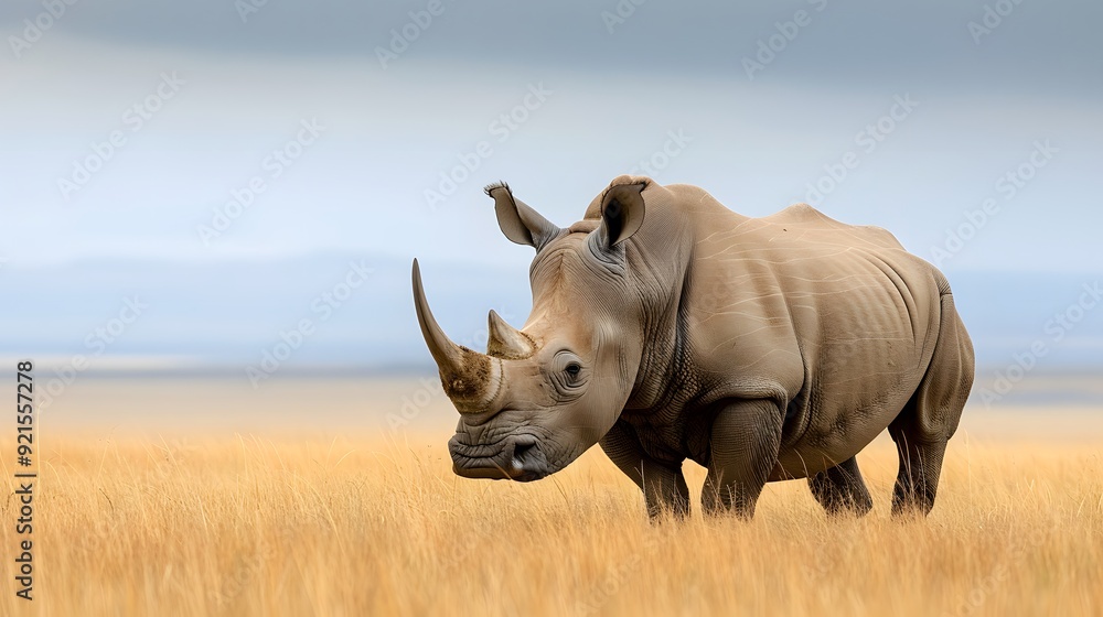 Western black rhinoceros grazing in a grassy plain, emphasizing its thick skin and prominent horn style minimalist Western black rhinoceros grazing in a grassy plain, emphasizing its thick skin and prominent horn style minimalist