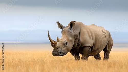 Western black rhinoceros grazing in a grassy plain, emphasizing its thick skin and prominent horn style minimalist photo