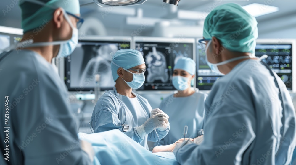Surgical Team Performing Laparoscopic Procedure in Bright Operating Room with Medical Equipment Surgical Team Performing Laparoscopic Procedure in Bright Operating Room with Medical Equipment