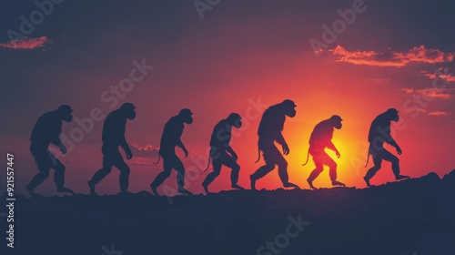 Human evolution. A study of the sequence of biological evolution of Homo sapiens. monkey, ape, ancient humans, modern humansShadows reflecting light when the sun sets. Silhouette concept