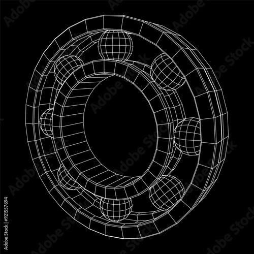 Roller bearing. Circular round rotating bearings used in industry for heavy equipment mechanical work and engineering. Wireframe low poly mesh vector illustration.