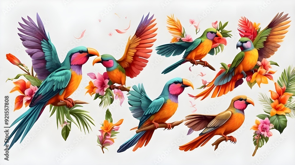 Tropical birds in flight with vibrant feathers, isolated on a clear backdrop Tropical birds in flight with vibrant feathers, isolated on a clear backdrop