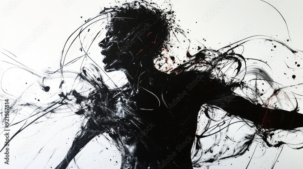 A chaotic mix of abstract lines and forms surrounding a human silhouette symbolizing emotional struggle A chaotic mix of abstract lines and forms surrounding a human silhouette symbolizing emotional struggle