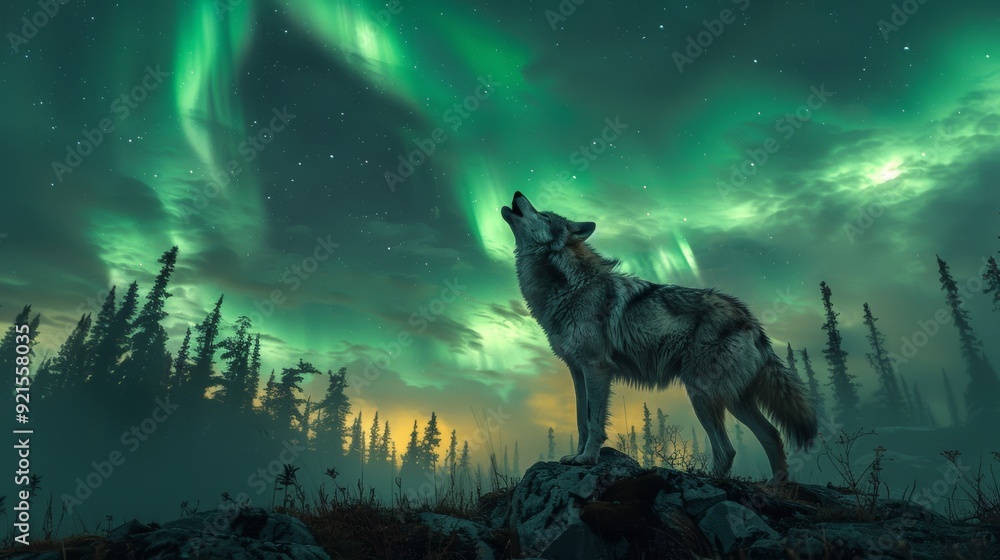Ethereal Night Scene of Howling Wolf Framed by Vibrant Northern Lights Ethereal Night Scene of Howling Wolf Framed by Vibrant Northern Lights