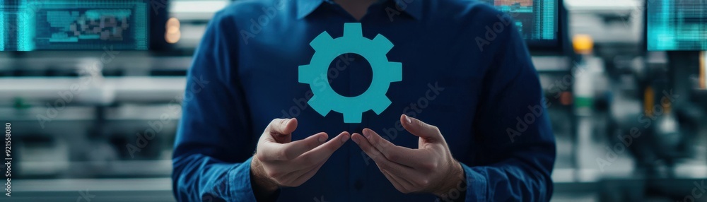 A person holding a blue gear symbol, representing technology and innovation in a modern workspace with digital displays. A person holding a blue gear symbol, representing technology and innovation in a modern workspace with digital displays.