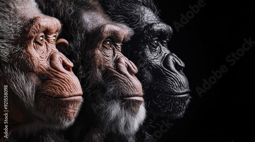 Human evolution. A study of the sequence of biological evolution of Homo sapiens. The face of a monkey, ape, ancient humans, modern humans