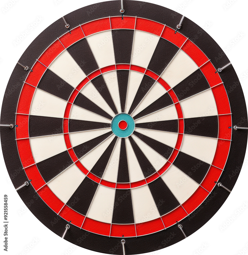 A classic dartboard with a black and white pattern and a red outer ring. A classic dartboard with a black and white pattern and a red outer ring.