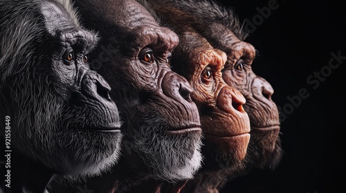 Human evolution. A study of the sequence of biological evolution of Homo sapiens. The face of a monkey, ape, ancient humans, modern humans