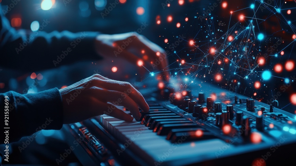 Musician Playing Synthesizer Keyboard with Abstract Lights Musician Playing Synthesizer Keyboard with Abstract Lights